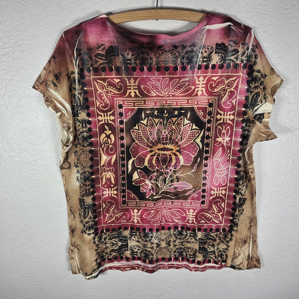 Chicos Tee Shirt Womens Size 3 Rinestones Lotus Print Square Neck - Picture 2 of 16